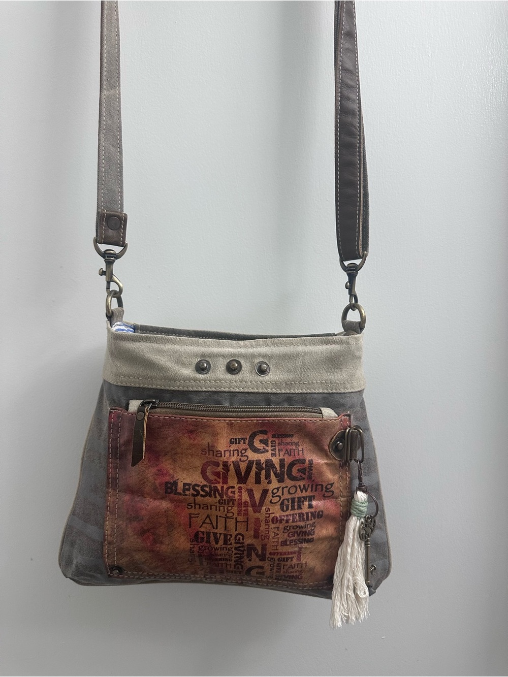 Clea Ray Women's Crossbody Bag in Brown and Cream with Text Print with skeleton